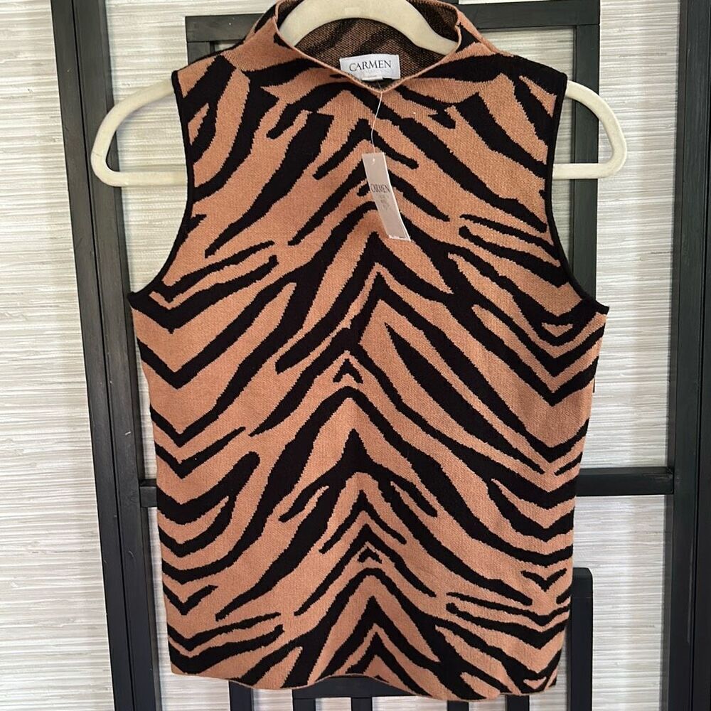 NWT Carmen Marc Valvo sleeveless mock turtleneck sweater brown black zebra size